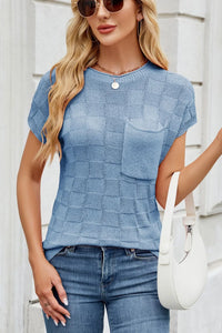 Checkered Round Neck Short Sleeve Knit Top Sweater Luxurious Weddings