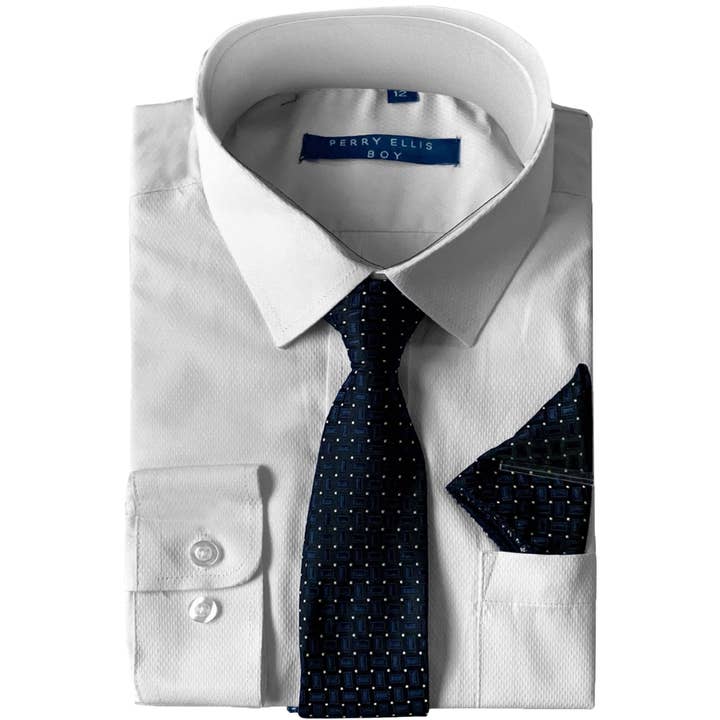 White Boys Dress Shirt, Navy Patterned Tie Shirt Luxurious Weddings