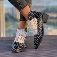 Printed point toe block heel boots with mesh and PU leather, stylish and comfortable for everyday wear.