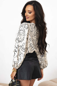 Beige Abstract Print Balloon Sleeve Crew Neck Blouse Tops/Blouses & Shirts Luxurious Weddings