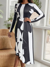 Perfee Asymmetrical Slit Round Neck Long Sleeve Midi Dress Midi Dress Luxurious Weddings