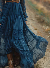Lace Long Sleeve Maxi Dress in deep blue with layered ruffles and a belt, perfect for elegant occasions.