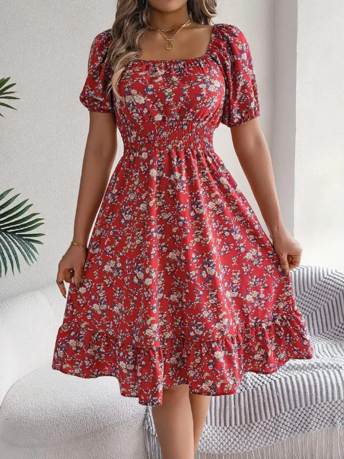 Ruffled Hem Floral Puff Sleeve Dress Dress Luxurious Weddings