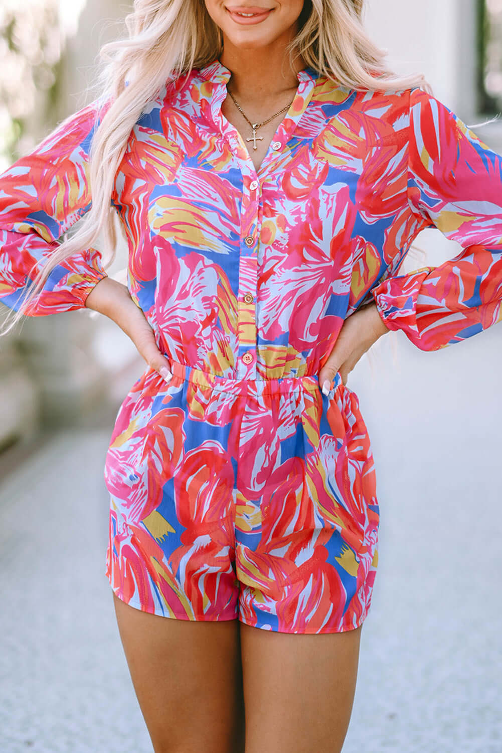 Multicolor Bold Graffiti Print Shirt Button Romper Bottoms/Jumpsuits & Rompers Luxurious Weddings