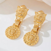 18K Gold-Plated Lion Head Medallion Drop Earrings with intricate lion design and gold finish.