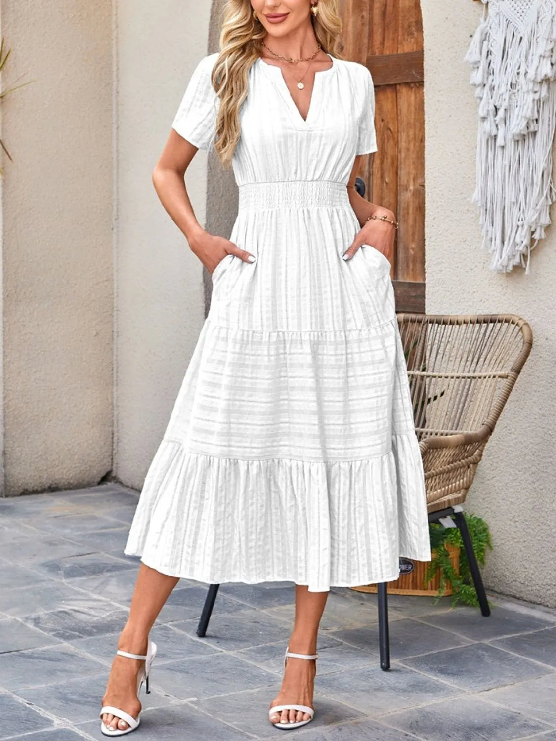 Tiered Notched Short Sleeve Dress summer dress Luxurious Weddings