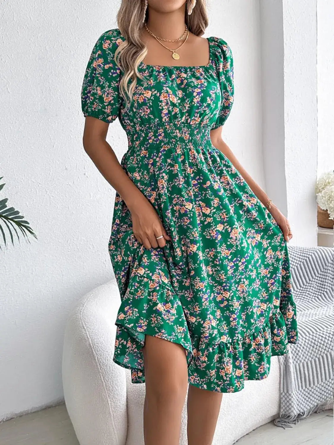 Ruffled Hem Floral Puff Sleeve Dress Dress Luxurious Weddings