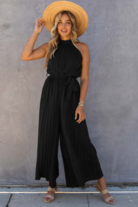 Black Halter Neck Pleated Wide Leg Jumpsuit with Belt Bottoms/Jumpsuits & Rompers Luxurious Weddings