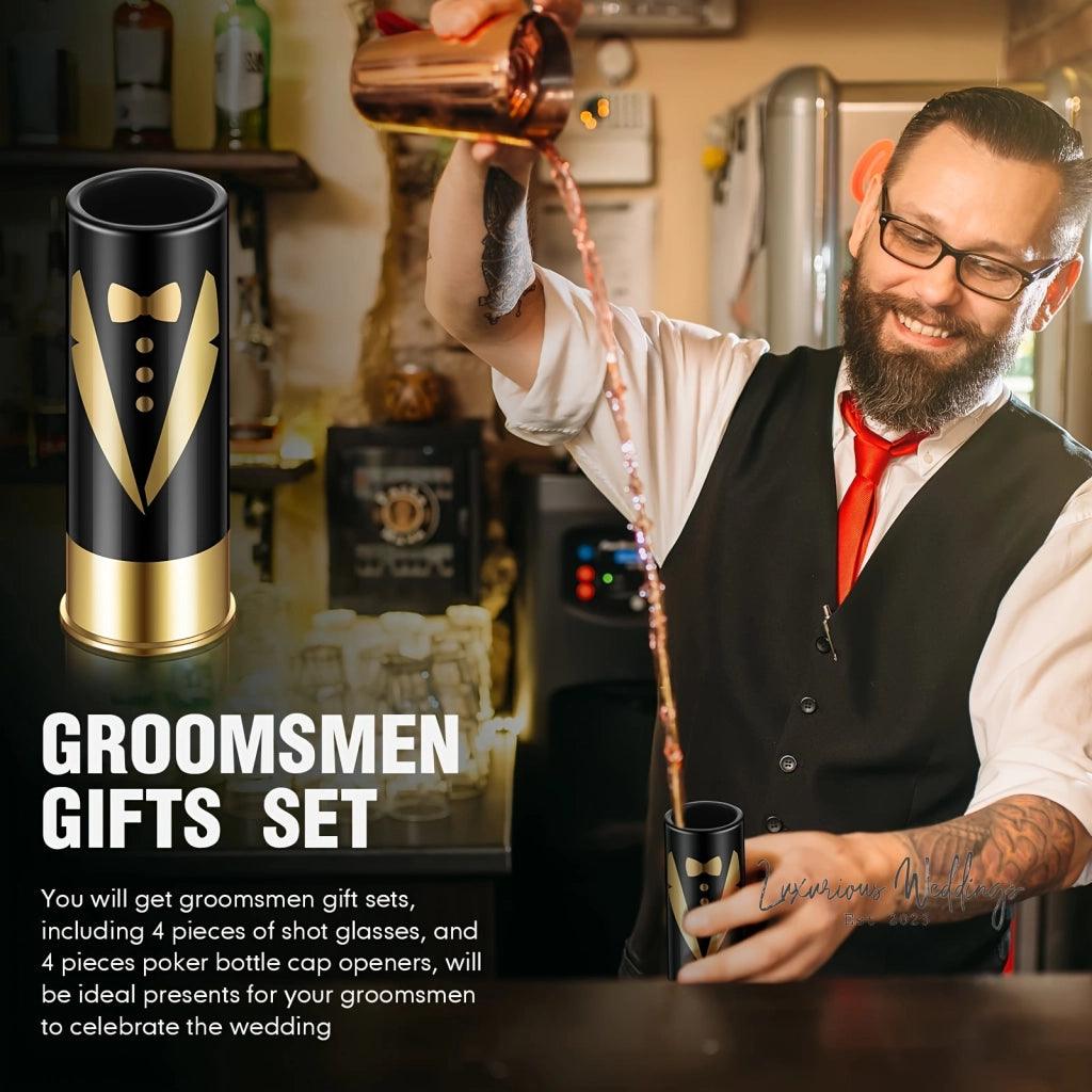 8/16pcs Groomsmen Tuxedo Shot Glasses & Bottle Opener Set - Luxurious Weddings