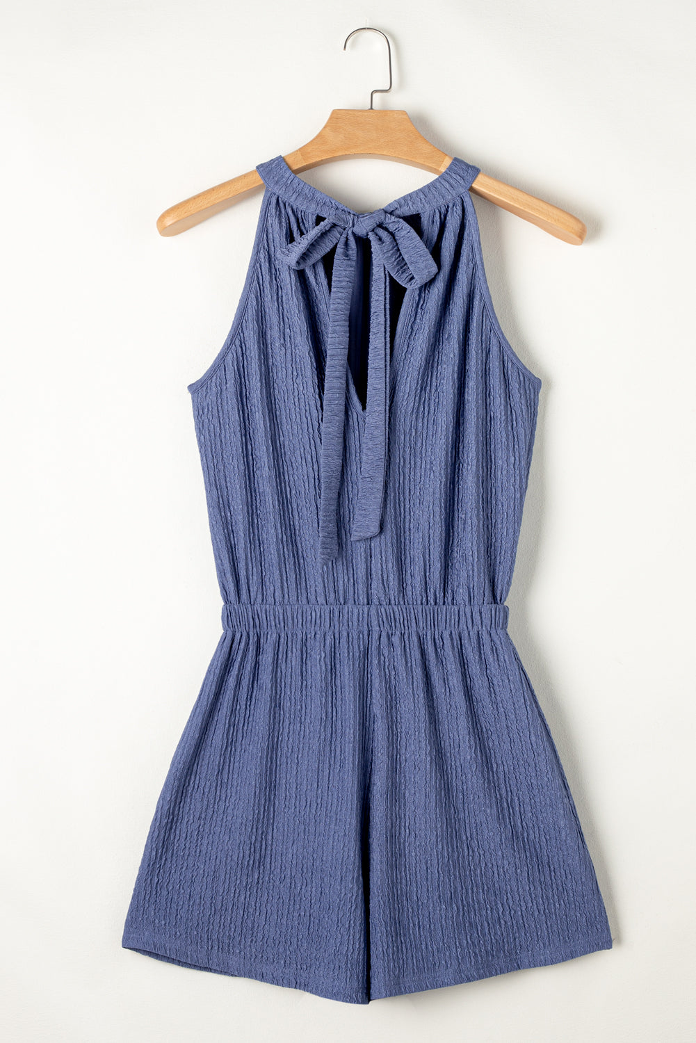 Bluing Knot Back High Neck Crinkle Textured Romper Bottoms/Jumpsuits & Rompers Luxurious Weddings