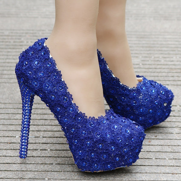 Lace Wedding Shoes Rhinestone Blue Lace Shoes rhinestone heels