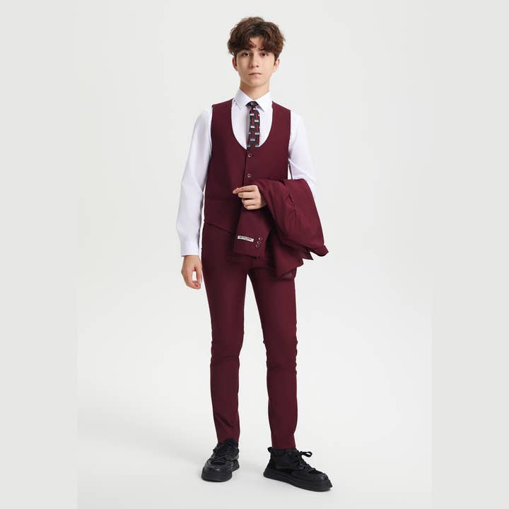 Stacy Adams Boys Suit 5-Piece Set | Burgandy Suits Luxurious Weddings