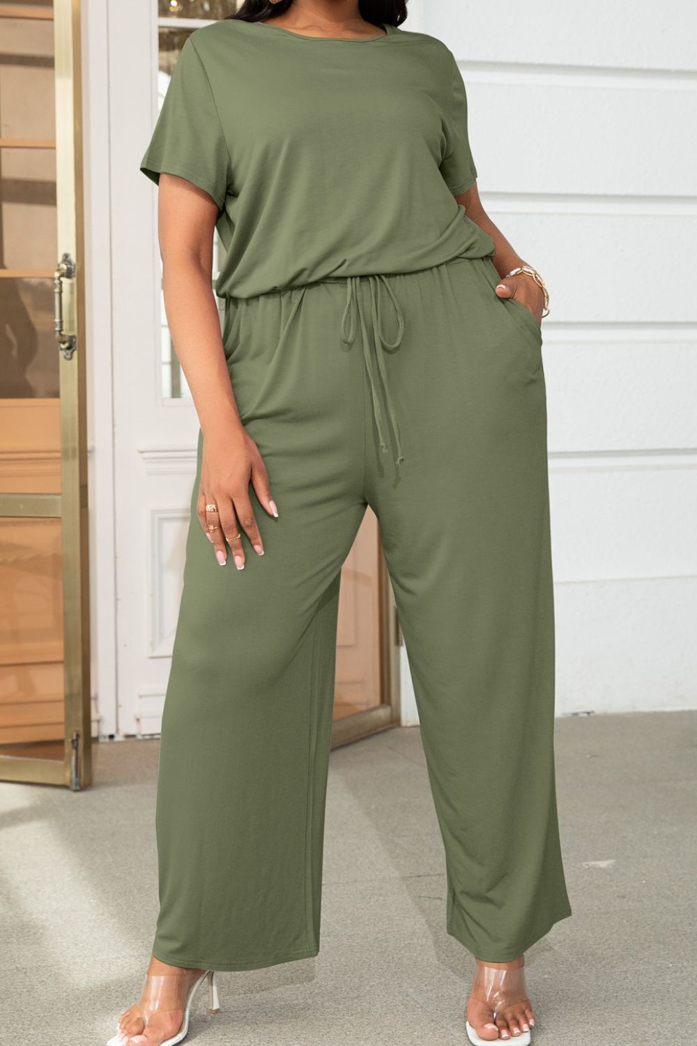 Plus Size Drawstring Waist Short Sleeve Jumpsuit Plus size Luxurious Weddings