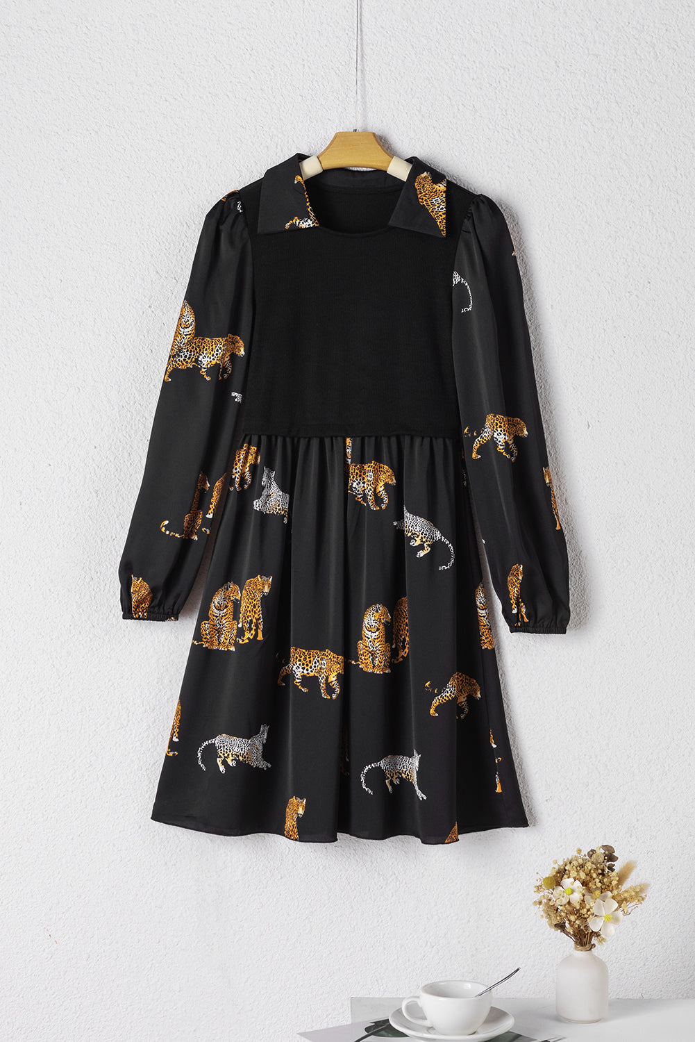 Black Vivid Leopard Print Long Sleeve Swing Dress