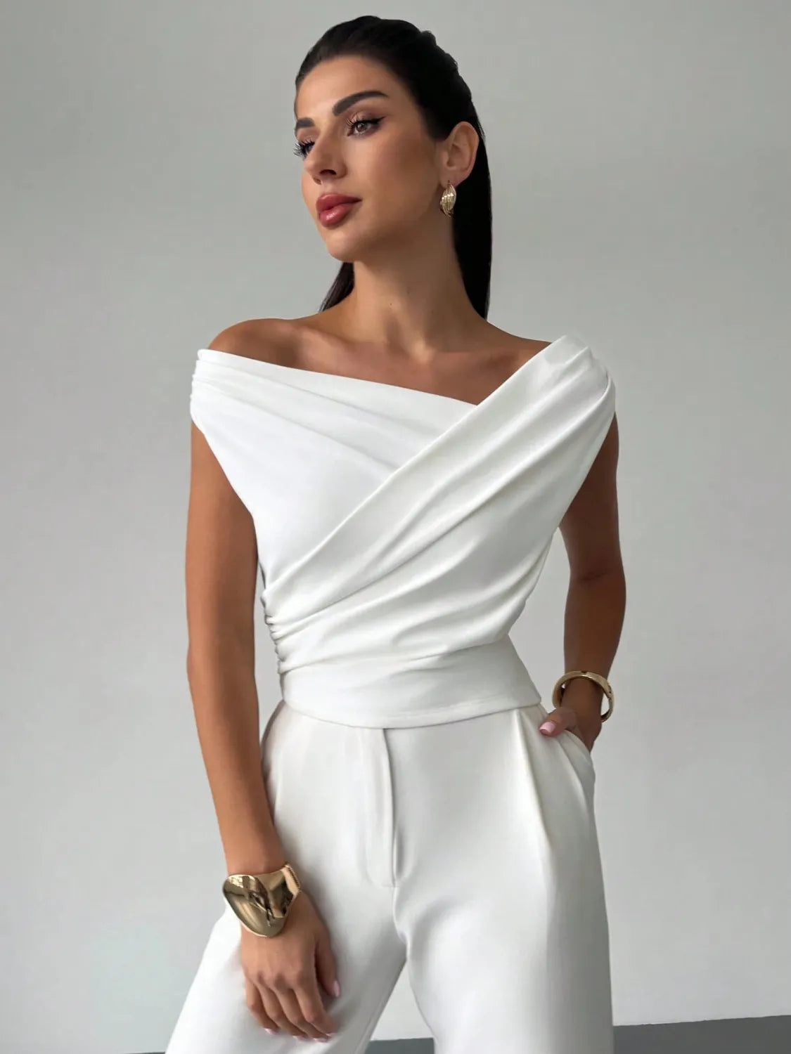 Asymmetrical Ruched Short Sleeve Top Luxurious Weddings