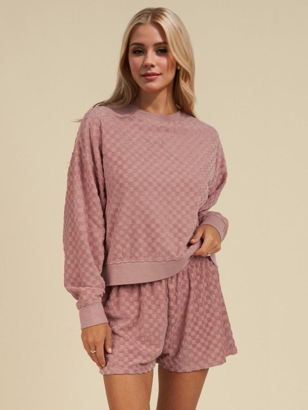 Oh Checkered Round Neck Long Sleeve Top and Shorts Set sleepwear Luxurious Weddings