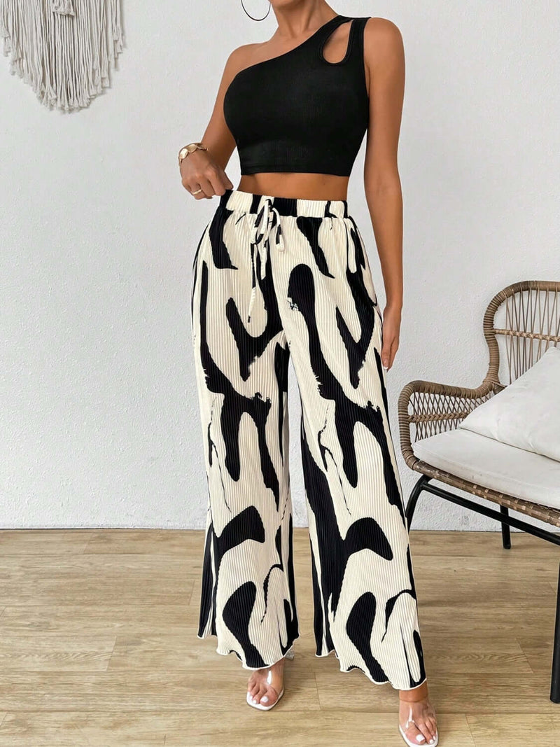 Cutout One Shoulder Top and Printed Pants Set Matching Sets Luxurious Weddings