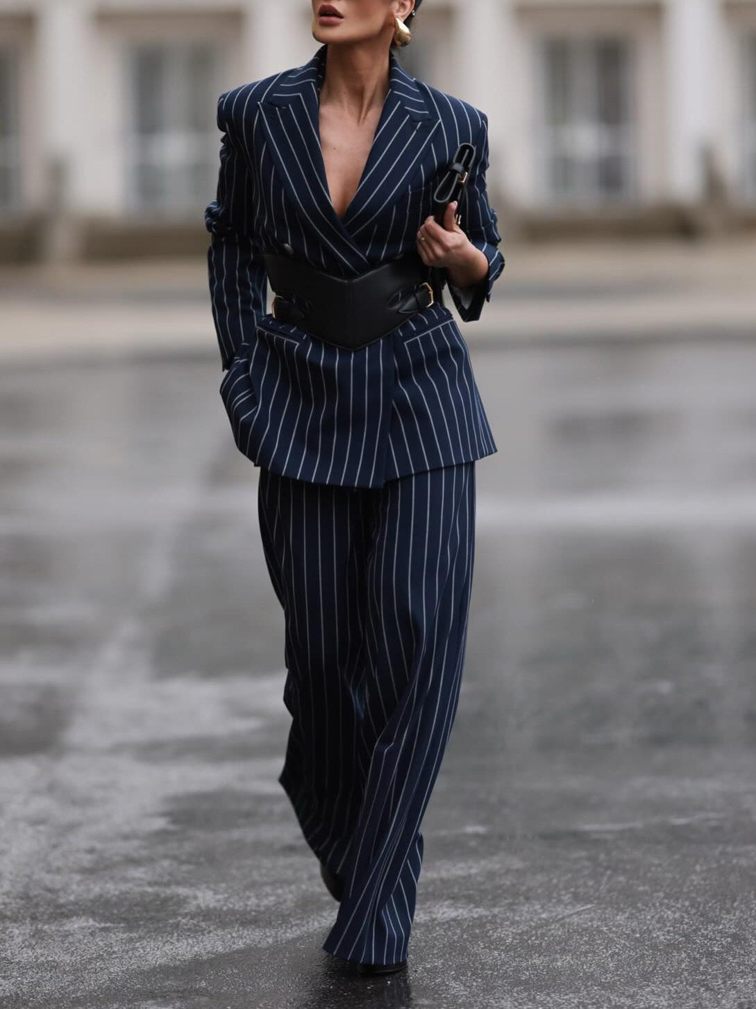 Elegant Striped Blazer & High Waist Pants Set Luxurious Weddings