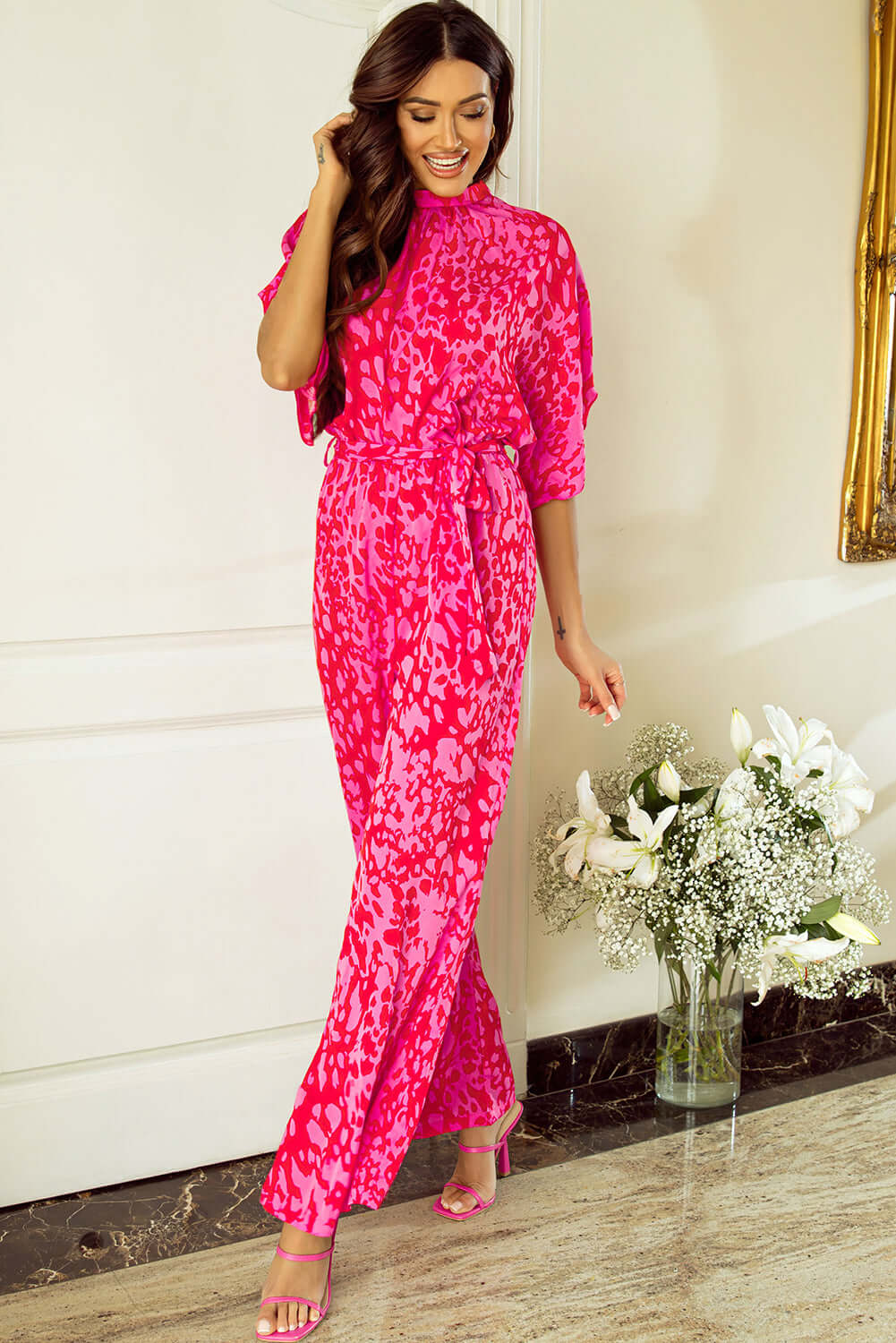 Rose Leopard Loose Sleeve Belted Wide Leg Jumpsuit Bottoms/Jumpsuits & Rompers Luxurious Weddings