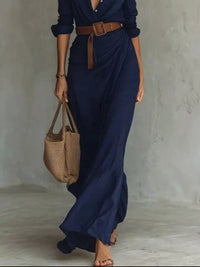 Full Size Ruched Long Sleeve Maxi Dress Plus Size in navy with a belt and bags