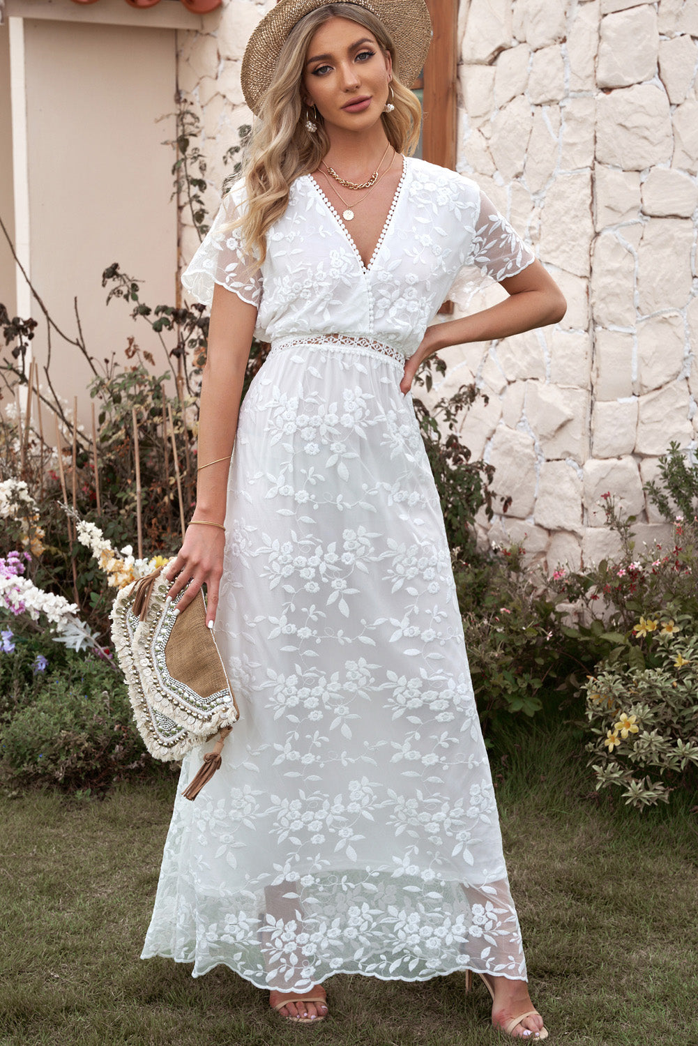 Embroidered Short Sleeve Surplice Neck Maxi Dress wedding dress Luxurious Weddings