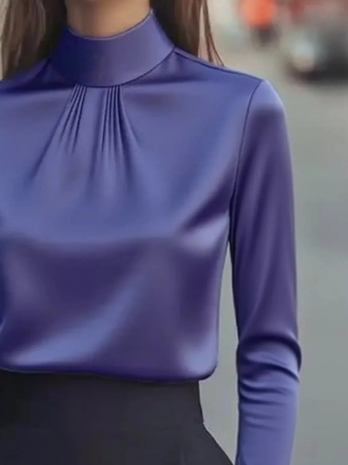 Mock Neck Long Sleeve Blouse with Pleated Detail in vibrant purple fabric, showcasing pleated design.