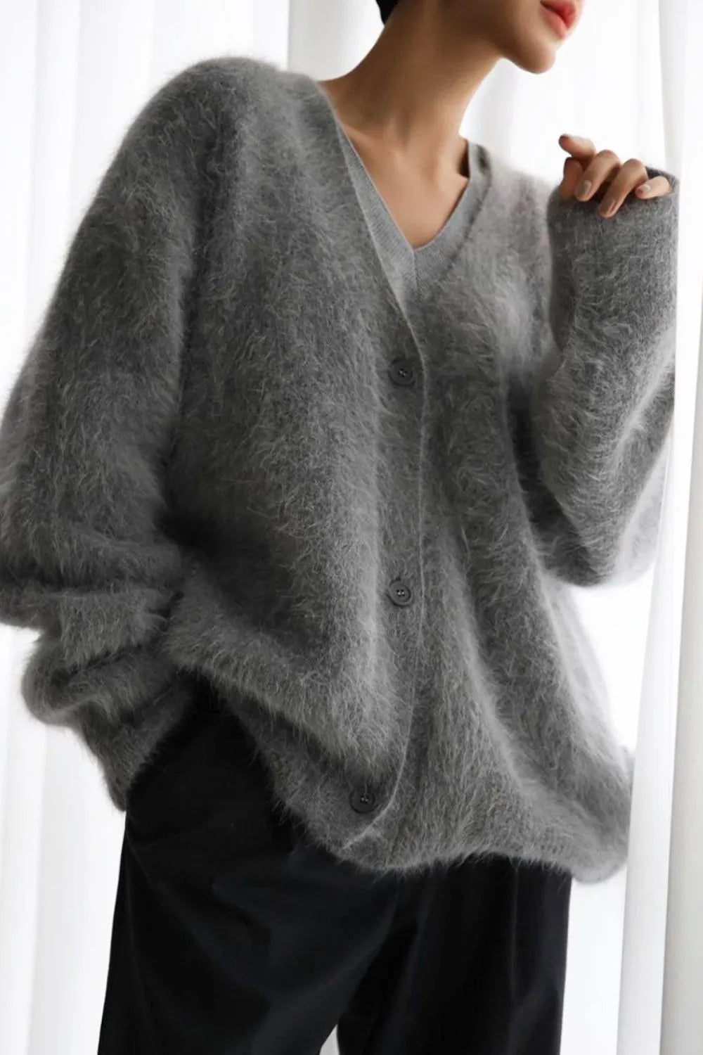 Fuzzy Button Down Long Sleeve Cardigan Sweater Luxurious Weddings