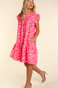 Pink Zebra Stripe Printed Ruffle Trim Pocketed Dress Dresses/Mini Dresses Luxurious Weddings