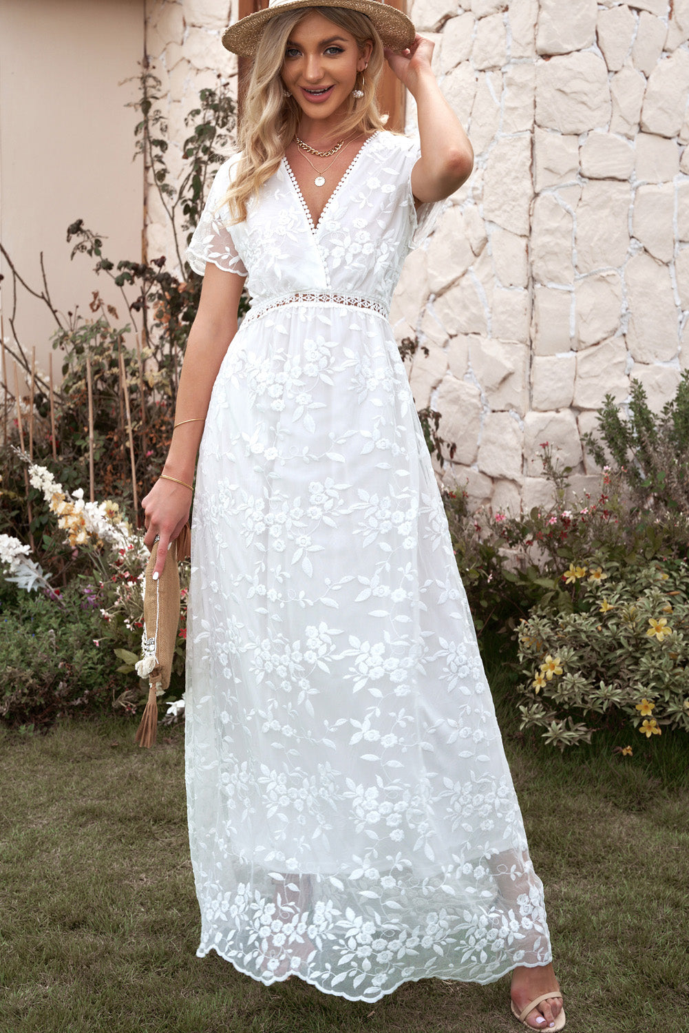 Embroidered Short Sleeve Surplice Neck Maxi Dress wedding dress Luxurious Weddings