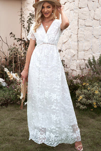 Embroidered Short Sleeve Surplice Neck Maxi Dress wedding dress Luxurious Weddings