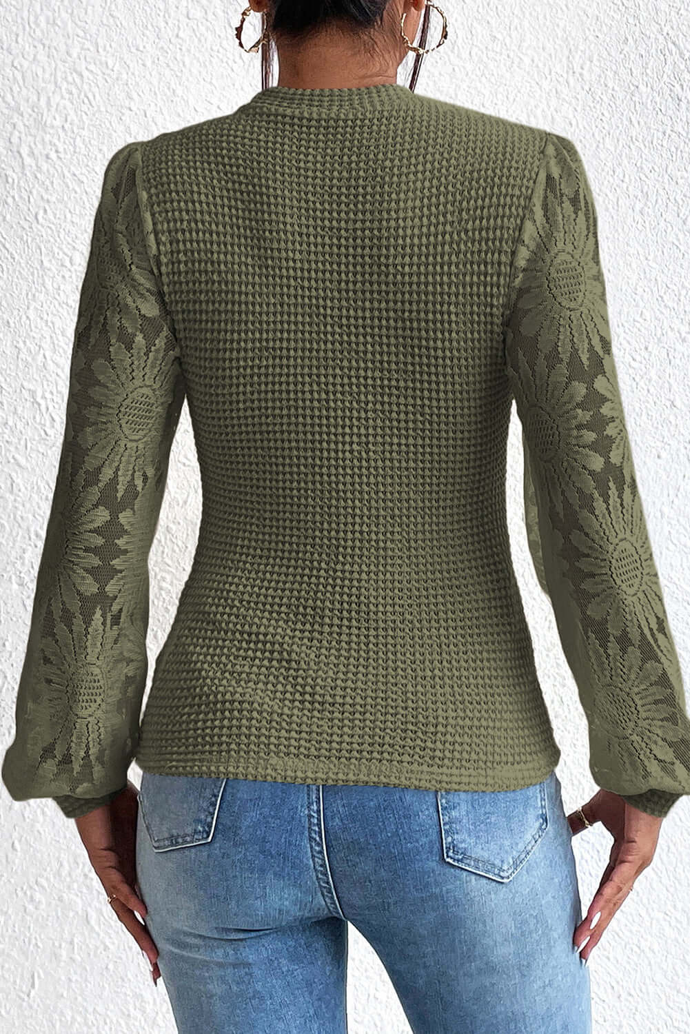 Jungle Green Sunflower Mesh Bubble Sleeve Waffle Knit Top Tops/Long Sleeve Tops Luxurious Weddings