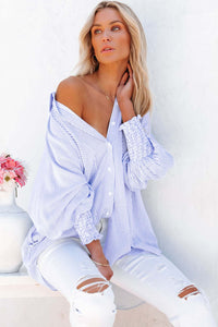 Sky Blue Smocked Cuffed Striped Boyfriend Shirt with Pocket Tops/Blouses & Shirts Luxurious Weddings