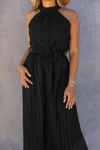 Black Halter Neck Pleated Wide Leg Jumpsuit with Belt Bottoms/Jumpsuits & Rompers Luxurious Weddings