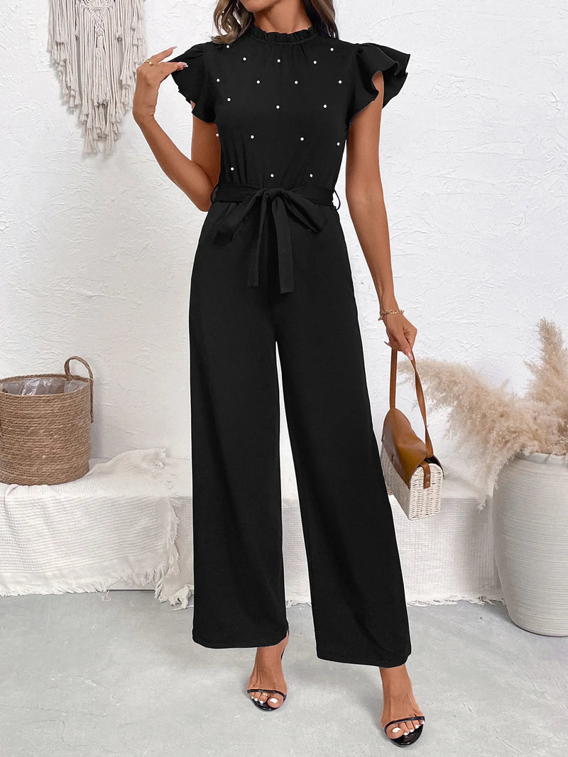 Pearl Detail Ruffled Cap Sleeve Jumpsuit Jumpsuits Luxurious Weddings