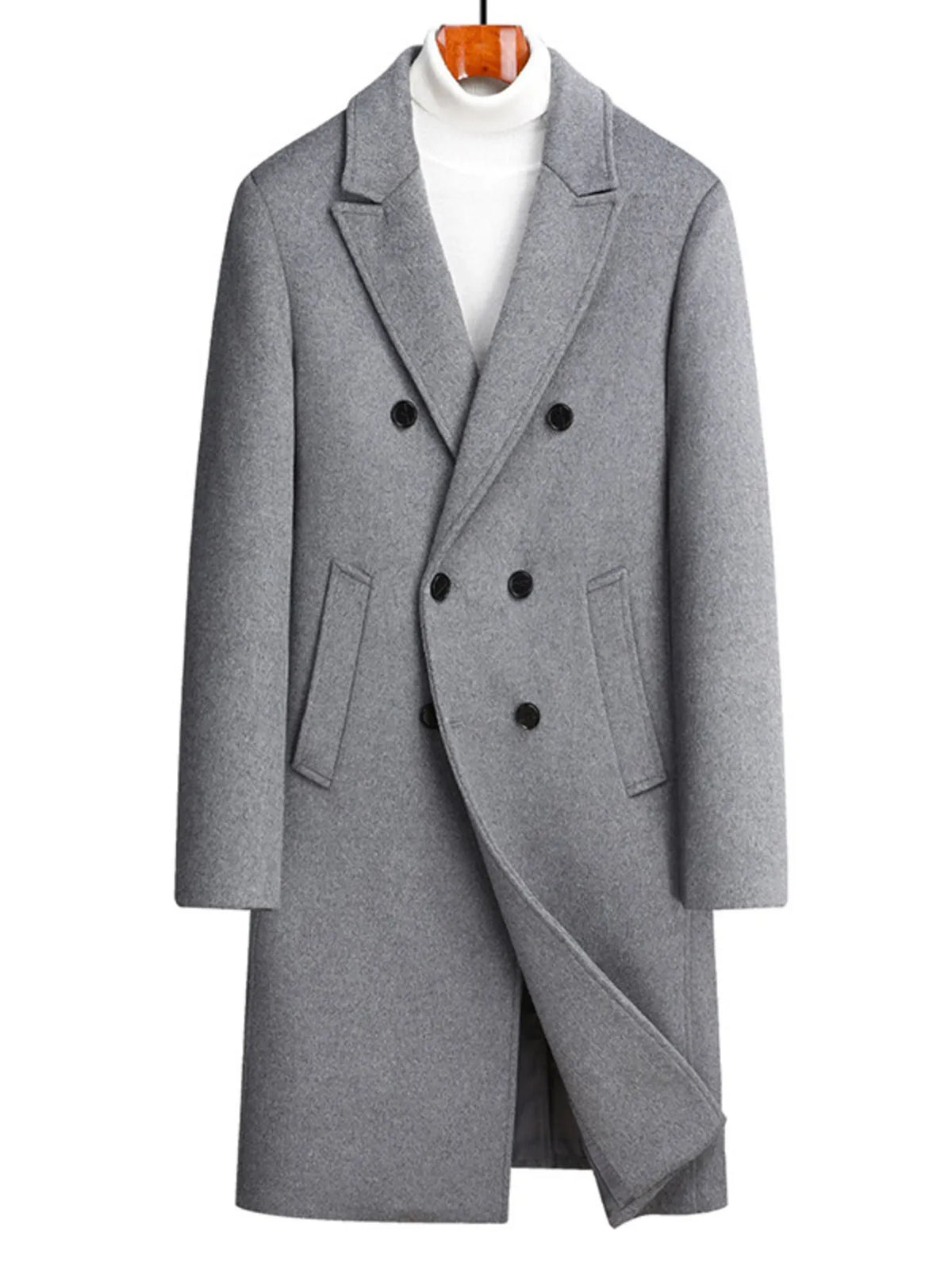 Men's plus size double-breasted wool overcoat in gray, featuring thick fabric and stylish design for winter wear.