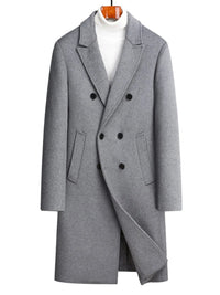 Men's plus size double-breasted wool overcoat in gray, featuring thick fabric and stylish design for winter wear.