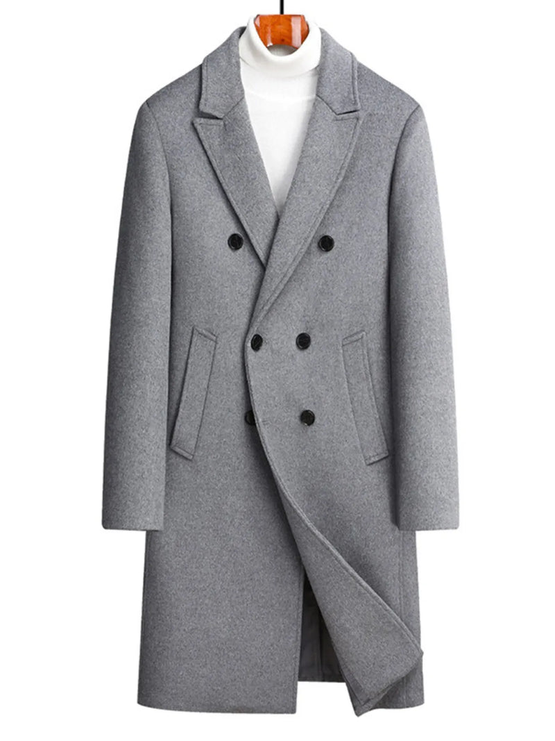 Men's plus size double-breasted wool overcoat in gray, featuring thick fabric and stylish design for winter wear.