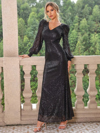 Sequin V-Neck Lantern Sleeve Maxi Dress sequin gown Luxurious Weddings