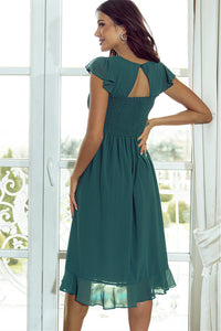 Sea Green Shirred Open Back Sweetheart Neck Ruffled Midi Dress Dresses/Midi Dresses Luxurious Weddings