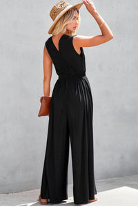 Black Deep V Pleated Crisscross Wide Leg Backless Jumpsuit Luxurious Weddings