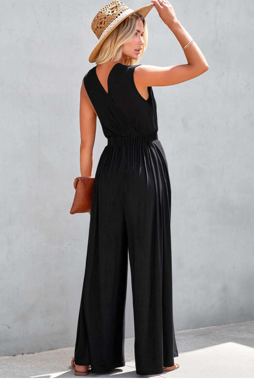 Black Deep V Pleated Crisscross Wide Leg Backless Jumpsuit Bottoms/Jumpsuits & Rompers Luxurious Weddings