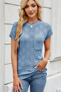 Checkered Round Neck Short Sleeve Knit Top Sweater Luxurious Weddings