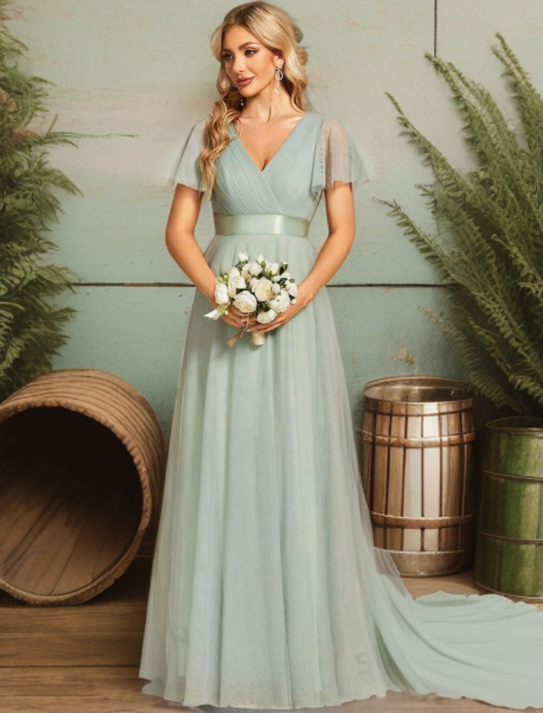 Flutter sleeve mesh Bridesmaid dress Bridesmaid Dresses Luxurious Weddings