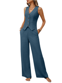 V-Neck Button Down Vest and Wide Leg Pants Set
