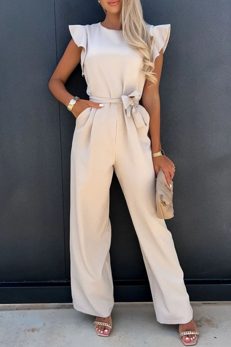 Round neck cap sleeve jumpsuit in beige with tied waist detail, perfect for casual or formal occasions.