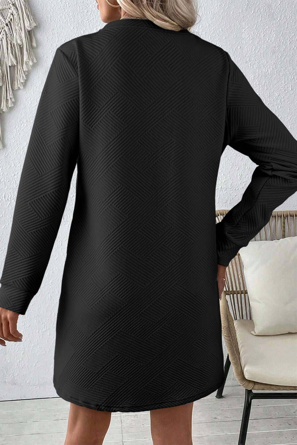 Black Solid Color Textured Long Sleeve Shift Dress Dresses/Mini Dresses Luxurious Weddings