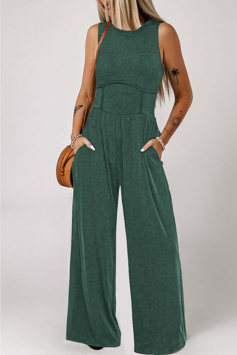 Blackish Green Cinched Waist Sleeveless Wide Leg Jumpsuit Bottoms/Jumpsuits & Rompers Luxurious Weddings