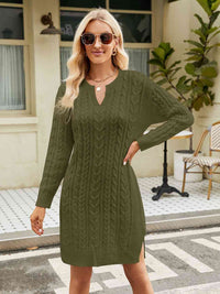 Notched Neck Cable-Knit Slit Sweater Dress sweater Luxurious Weddings