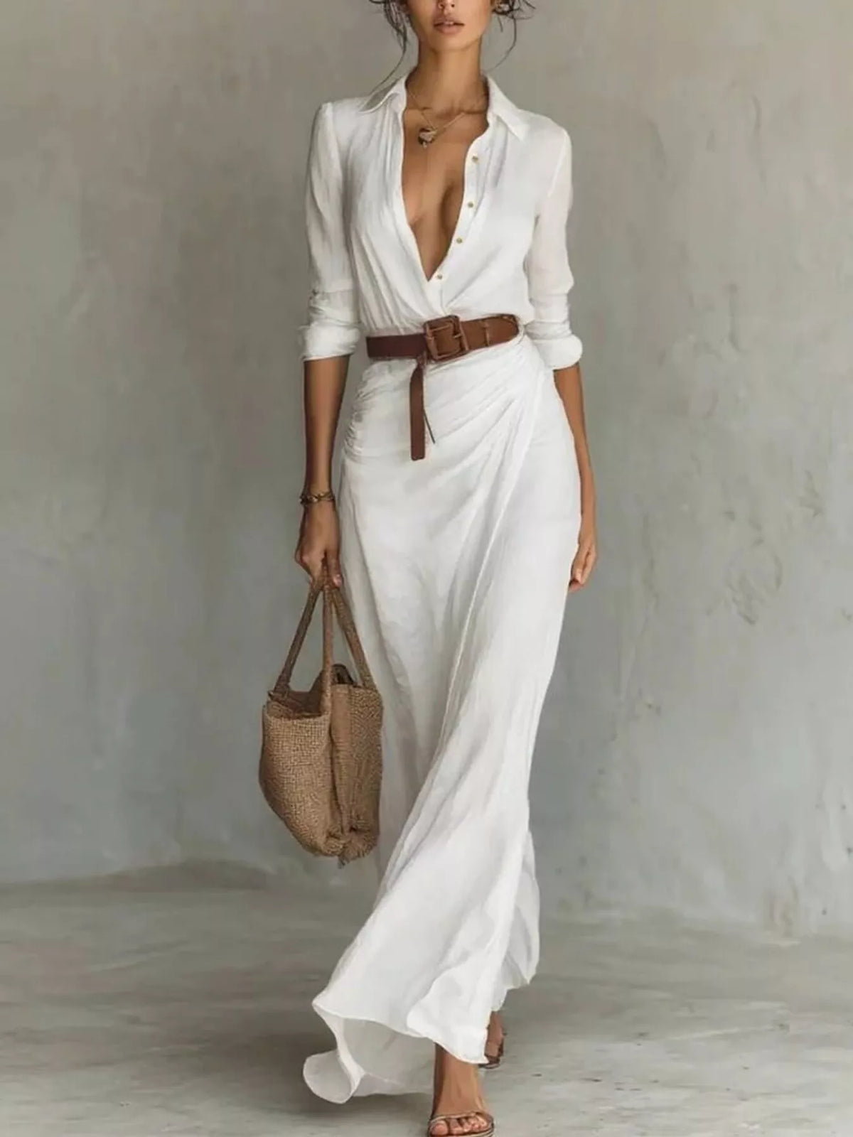 Full Size Ruched Long Sleeve Maxi Dress Plus Size in white, featuring a buttoned front and belted look.