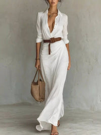 Full Size Ruched Long Sleeve Maxi Dress Plus Size in white, featuring a buttoned front and belted look.